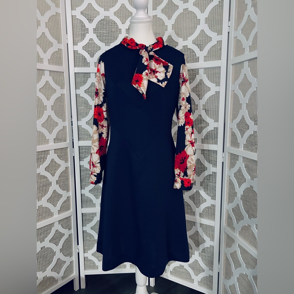 Vintage Navy Blue Dress Red Flowers 70s A Line Polyester 60s 1970s - Picture 2 of 15